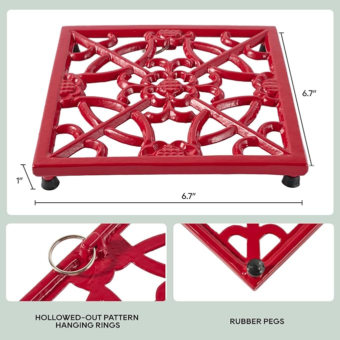 JOGREFUL Cast Iron Trivet Mats, Kitchen Pot Holders to Portect Table/Countertops, Heat Resistant Mats for Teapot/Hot Dishers/Plates, Vintage Mats with Weighted-Base, Flower Red