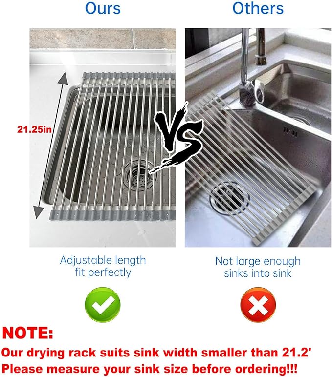 CHIRISEN Expandable Large Roll Up Dish Drying Rack, 18 Tubes 21.25x12.79'' Collapsible Over The Sink Rack, Non-Slip Silicone Rolling Dish Drainer Stainless Steel Rack for Kitchen Sink Counter (Gray)