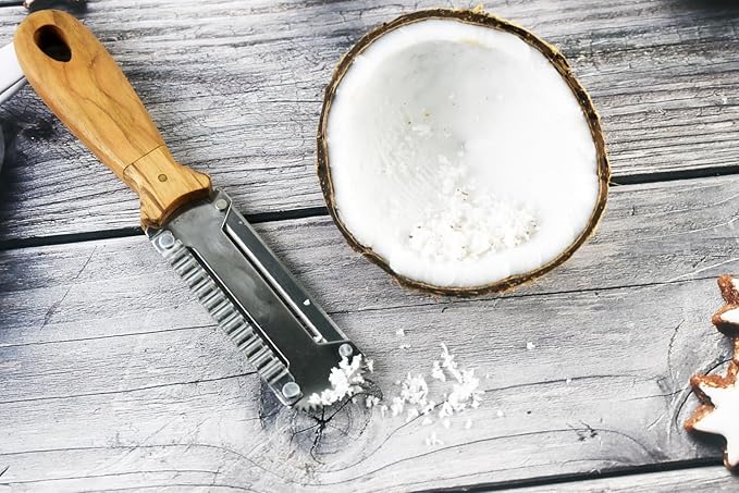 3-in-1 Kitchen Peeler, Scrabber & Grater: a cutting tool with a serrated blade and a Wooden Handle for Vegetable scraping potatoes Carrots and Coconut