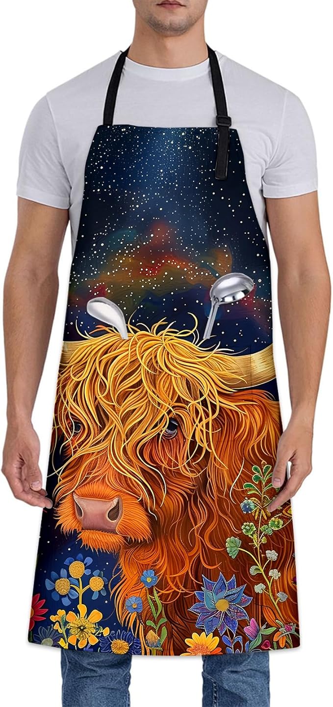 Whimsical Highland Cow Apron, Adjustable Kitchen Shaggy Cow & Wildflowers Aprons with Pockets for Cooking BBQ Gardening, 28×33 IN, Holiday Gifts for Women Wife, for Chef Baking, Oxford Fabric