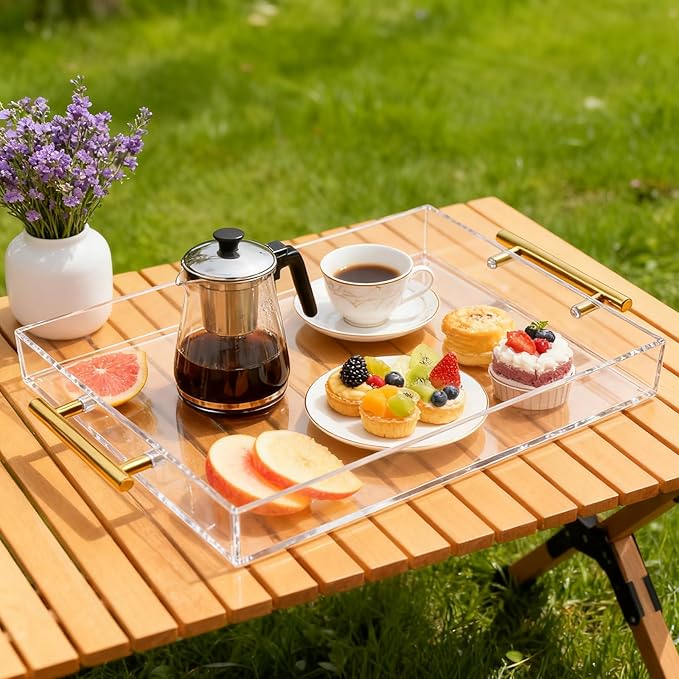 Clear Acrylic Serving Tray with Handles Large Ottoman Food Decorative Tray for Coffee Table Tea Fruit Snack Kitchen Bar Platter, 17x13’’
