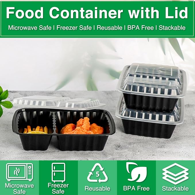 Meal Prep Containers 2 Compartment 50 Pack, 28 oz Divided Reusable Food Storage Containers with Lids Takeout Food Storage Black, Microwave Dishwasher Freezer Safe, Stackable, BPA Free