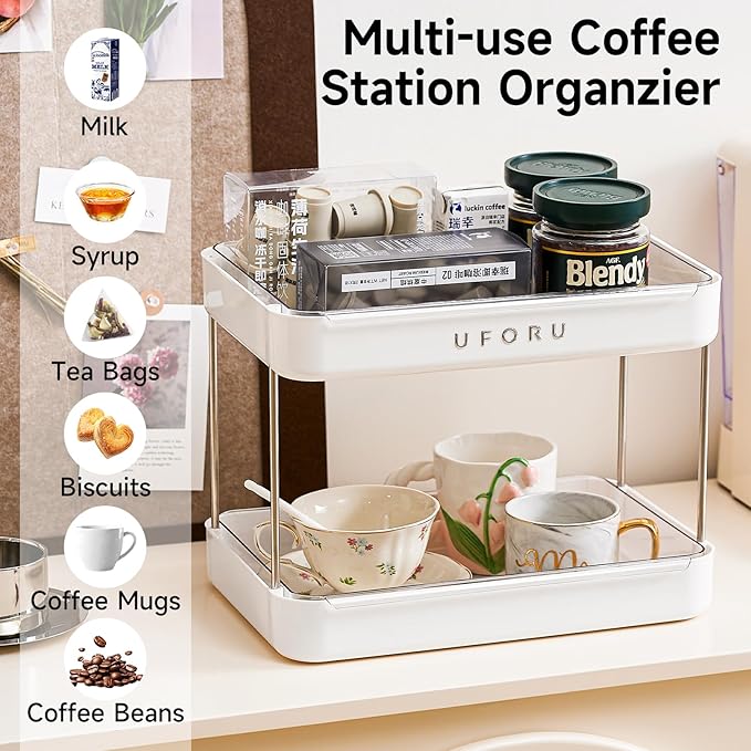 Countertop Coffee Station Organizer| 2-Tier Whisky Glass Holder, Mug Drying Rack with Removable Drain Tray - Easy to Install, Clean - Matcha Station Shelf for Kitchen, Bathroom Counter Organzier
