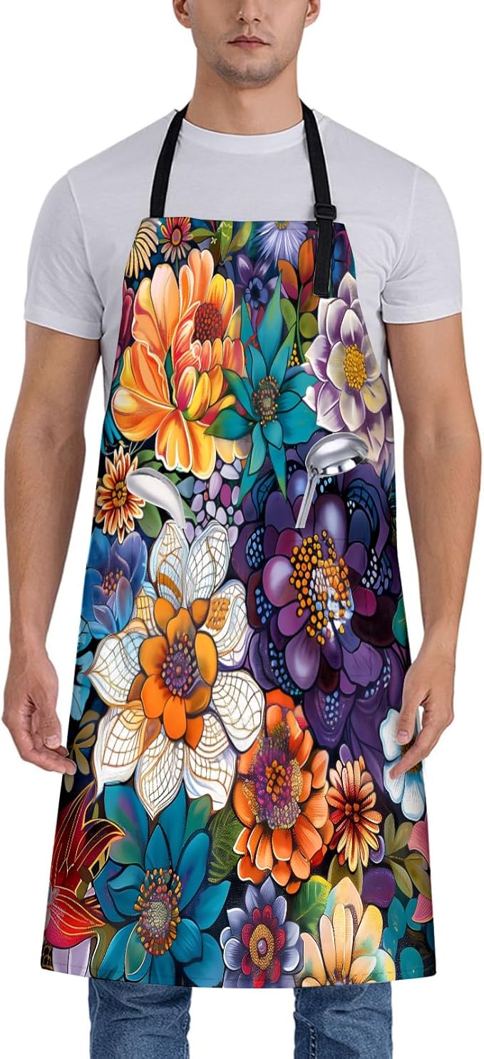 Floral Apron for Women, 28x33in, Kitchen Chef Aprons with 2 Pockets, Polyester, Colorful Mandala Bohemian Flowers Apron for Cooking BBQ Baking Gardening Chef, Gifts for Mom Wife Dad