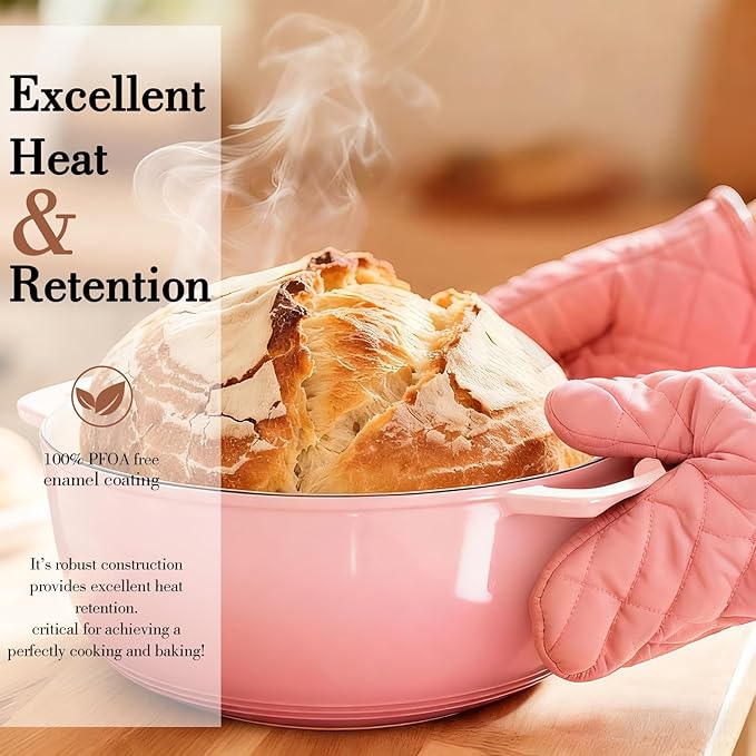 Umite Chef 6QT Enameled Cast Iron Dutch Oven with Lid, Versatile Heavy-Duty Cookware Pot for Baking Bread, Braising, Soups & Stews, Oven & Stovetop Safe with Heat Resistant Gloves(Pink)