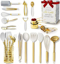 White and Gold Kitchen Utensils Set - 23-Piece Gold Kitchen Accessories Include Measuring Cups and Spoons Set, Silicone Utensils, and Utensil Holder for Baking, Cooking, and Stylish Kitchen Decor