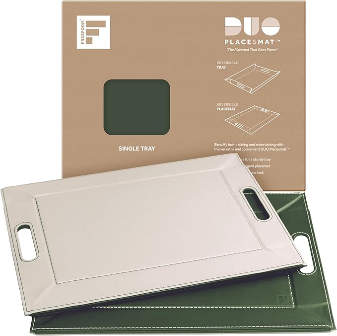 PLACEsMAT 2-in-1 Faux Leather Placemat & Serving Tray | Reversible Design, Lays Flat & Easy to Clean | Ottoman Food Tray, Perfect Housewarming Gift, 18” x 14” (Olive Green & Ivory, Single)