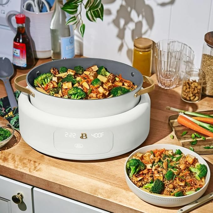 Beautiful 10-in-1 Electric Multi-Cooker, 6-Quart, Digital Display, Non-Stick Pot, One-Touch Control, 10 Cooking Functions (White Icing)