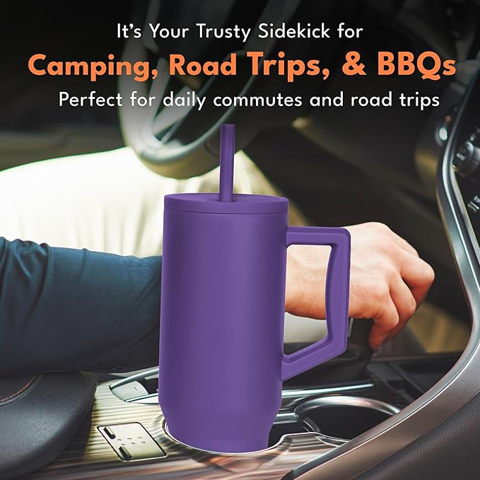 Elemental 40 oz Tumbler with Handle and Straw - Spill Proof Insulated Stainless Steel Commuter for Hot and Cold Beverages - Travel Coffee Mug with 2 Straws & Spill Proof Lid - 40oz - Purple