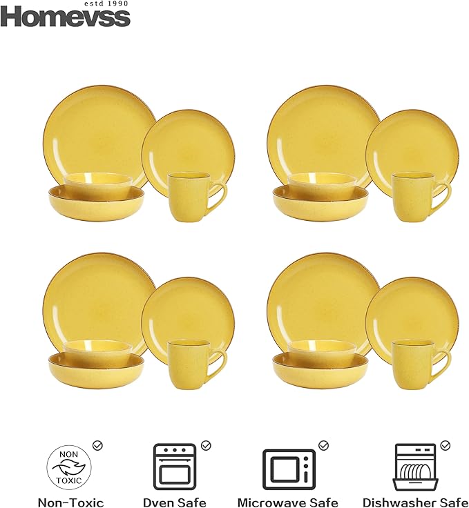 HomeVSS 20-Piece Dinnerware Set - Serves 4, Bright Glaze Yellow plates and bowls sets with Speckle Effect for Microwave & Dishwasher Safe