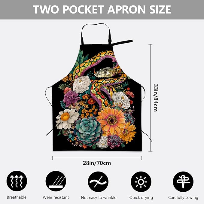 Colorful Snake Apron, Adjustable Kitchen Vibrant Floral Design Aprons with Pockets for Cooking BBQ Gardening, 28×33 IN, Holiday Gifts for Women Mom Wife, for Chef Baking, Oxford Fabric