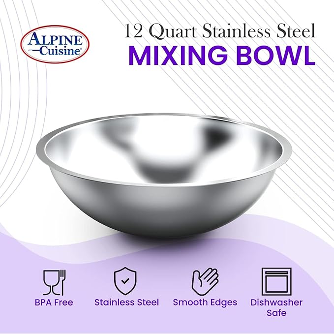 Alpine Cuisine 12-Quart Stainless Steel Mixing Bowl | Durable Prep & Salad Bowl for Baking, Food Prep, & Tossing | Polished Mirror Finish, Silver