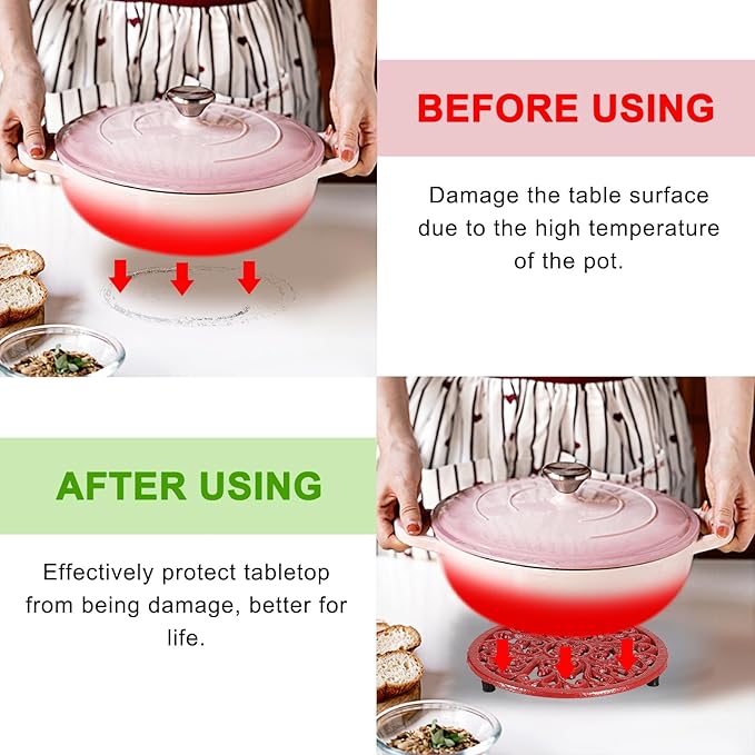 Sumnacon Cast Iron Trivet 6.7 Inch Iron Trivet for Hot Dish Pot Pan Plate Teapot,Heat Resistant Cast Iron Trivets with Rubber Feets for Kitchen Dining Table Cooktop Stove,Retro Red
