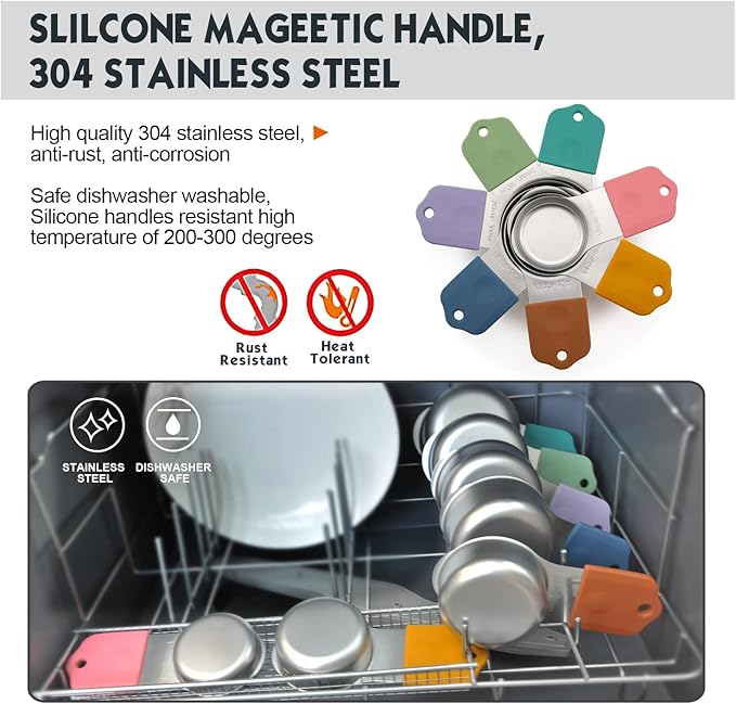 Magnetic Measuring Cups Set, 7 Pieces 18/8 Stainless Steel Stackable Nesting Heavy Duty Measuring Cups, kitchen Tools, Perfect for Dry and Liquid Ingredients, Dishwasher Safe (Muticolour, 7 set)
