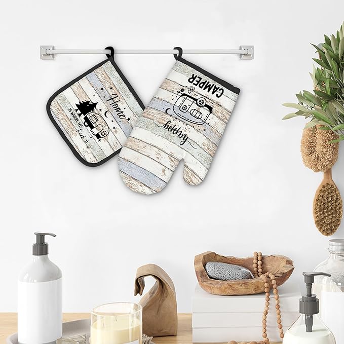 Camping Gifts Oven Mitts and Pot Holders Sets, Happy Camper Gifts Rv Kitchen Accessories Sets, Camping Themed Home is Where We Park It Heat Resistant Oven Glove Potholders for Kitchen Cooking