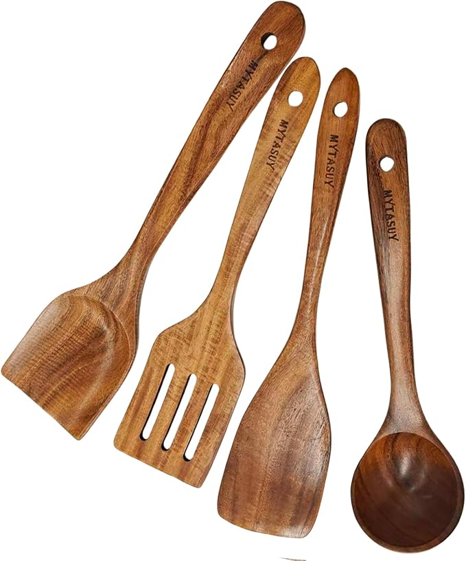 4 Pcs Wooden Spoons for Cooking-Non Scratch Cooking Utensil Set Natural Solid Wood Material Teak Wooden Kitchen Utensil Set-Spatulas，Fried Spatula，Slotted Spatula，Ladle
