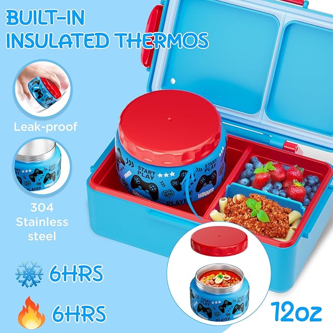SHPMXUPW Kids Bento Lunch Box – 12 oz Stainless‑Steel Soup Thermo & 3‑Compartment Leak‑Proof Food Container with Built‑In Ice Pack, Insulated Food Jar for Boys & Girls, School & Travel