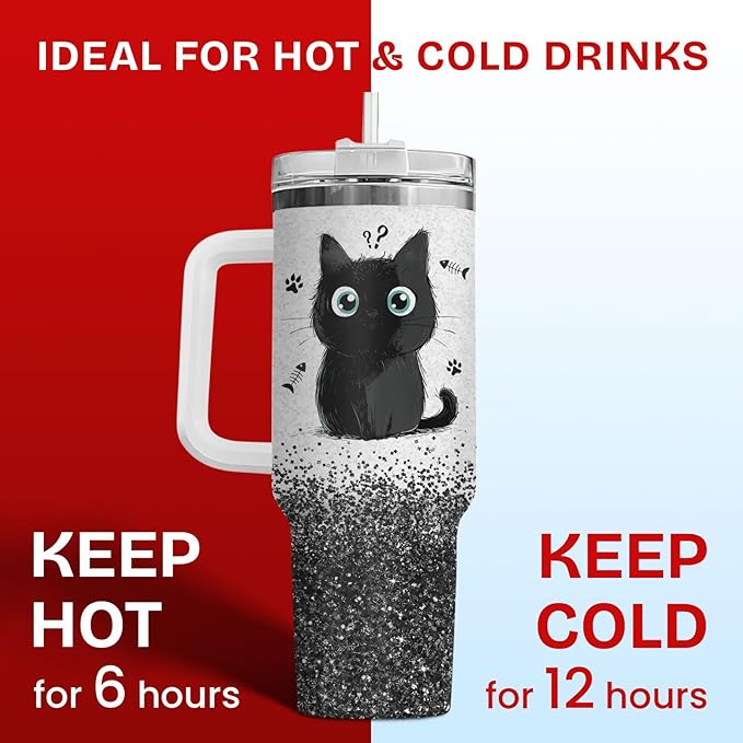34HD Funny Black Cat Tumbler with Handle and Straw, 40oz Cute Furry Friend Travel Mug Stainless Steel, I Came I Saw Cup, Birthday Gifts for Cat Lovers Women Men