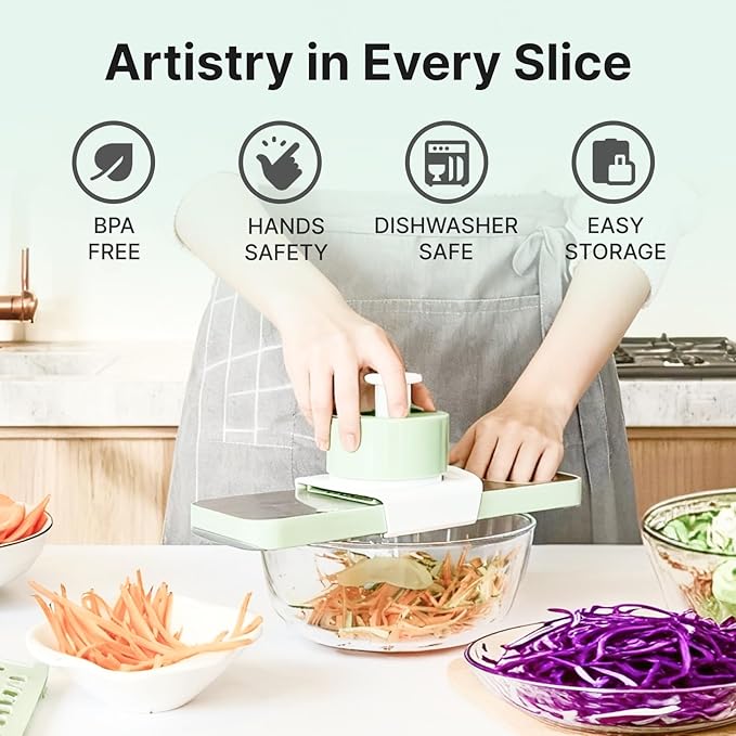 Stainless-Steel Mandoline Slicer for Kitchen, 6-in-1 Vegetable & Cucumber Slicer with Safety Guard, Easy-Clean Design, Compact Space-Saving Tool for Daily Salad & Meal Prep (Mint Green)