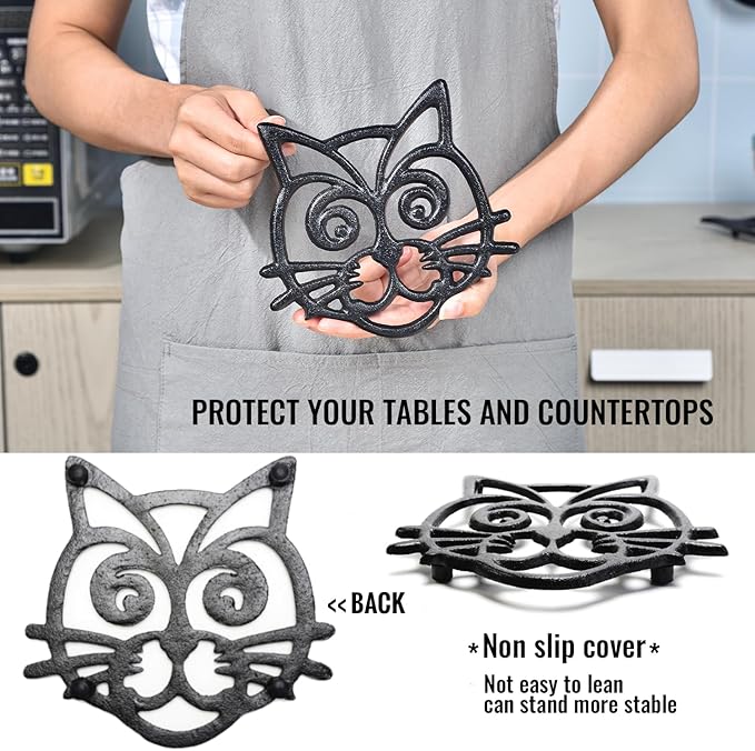 Sungmor Heavy Duty Cast Iron Trivet,Decorative Rustproof Trivet for Kitchen or Dinning Table,6.3" x 5.1" with Vintage Lovely Black Cat Pattern