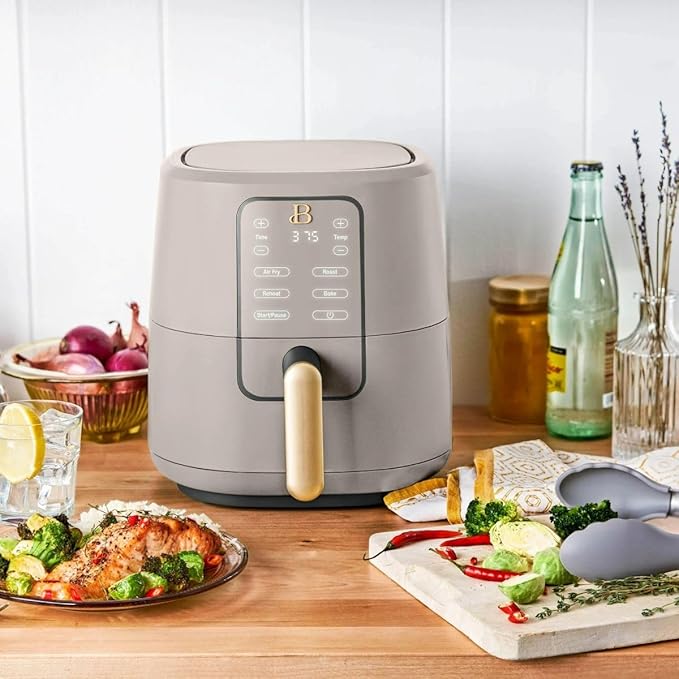Beautiful 3 Quart Digital Air Fryer with TurboCrisp Technology – Matte Finish, Touchscreen, Nonstick Basket (Porcini Taupe)