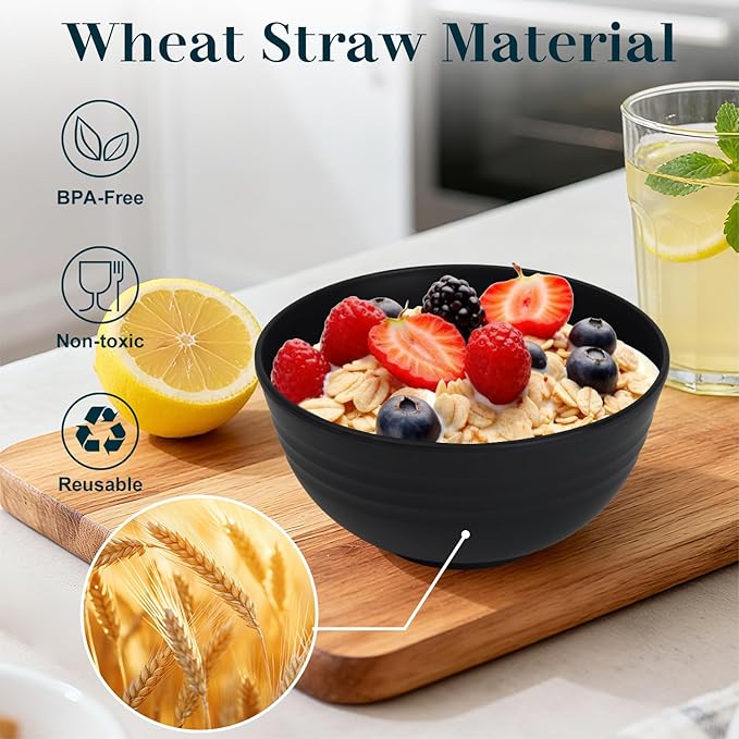 Cereal Bowls 26 OZ, Unbreakable Wheat Straw Bowl 8 PCS, Reusable Plastic Bowl Set, Microwave and Dishwasher Safe Kitchen bowls for Serving, Dinner, Soup, Snack, Fruit - Black