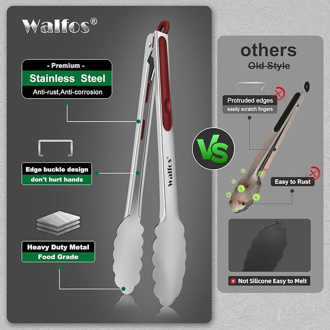 Walfos Stainless Steel Kitchen Tongs - 7, 9 & 12 Inch Heavy Duty Locking Metal Tongs for Cooking, BBQ Grilling, Set of 3 Non-Slip Grip (Wine Red)