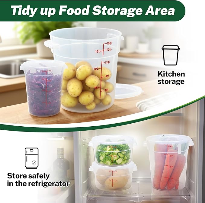 Round Food Storage Container with Lid, 2 Qt Translucent, Commercial 4 Pack of – NSF Listed, BPA-Free, Polypropylene, Non-Stick, Scale, with Labels & Measuring Cups