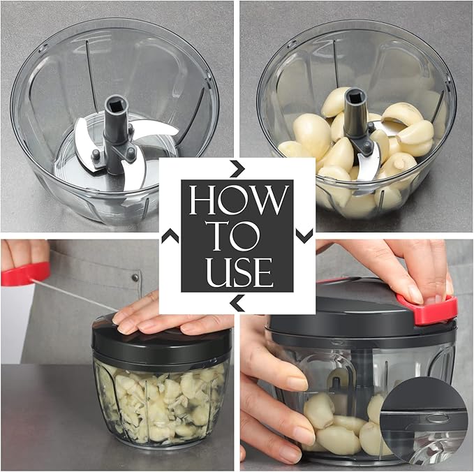 Ourokhome Manual Food Processor Vegetable Chopper, Portable Hand Pull String Garlic Mincer Onion Cutter for Veggies, Ginger, Fruits, Nuts, Herbs, etc., 650ml, Black