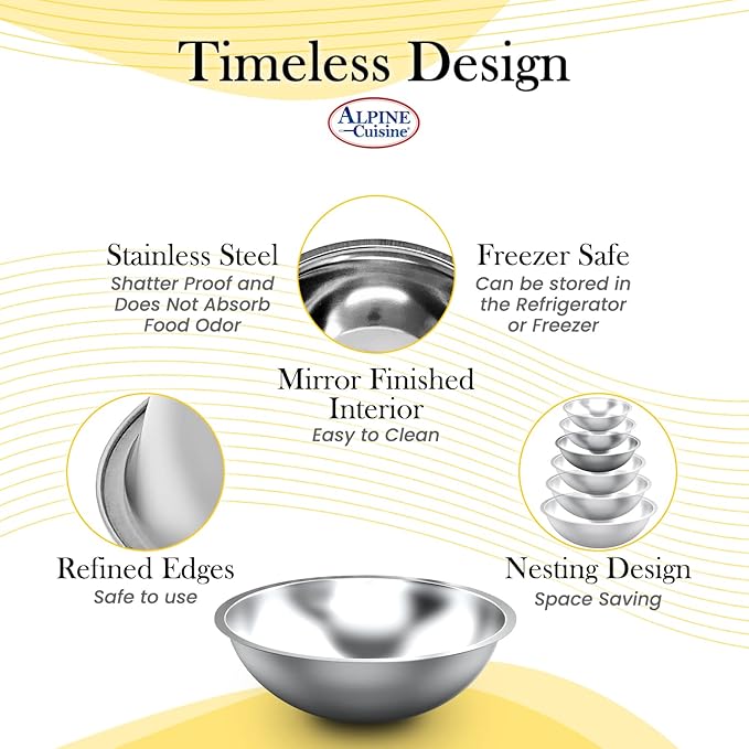 Alpine Cuisine 3-Quart Stainless Steel Kitchen Mixing Bowls, Salad Bowls Heavy Duty Deeper Edge, Dishwasher Safe Storage Bowls, Premium Polished Mirror Prep Bowls for Cooking & Serving