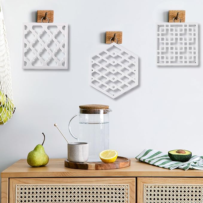 JOGREFUL Cast Iron Trivet Mats, Kitchen Pot Holders to Portect Table/Countertops, Heat Resistant Mats for Teapot/Hot Dishers/Plates, Vintage Mats with Weighted-Base, Hexagon White
