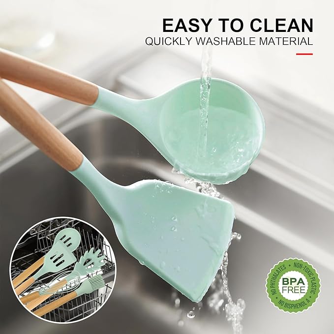Silicone Cooking Utensils Kitchen Utensil Set - 446°F Heat Resistant Silicone Kitchen Utensils Set, Spatula,Turner Tongs, Spoon, Brush, Whisk,Kitchen Gadgets for Nonstick Cookware, BPA Free (Green)