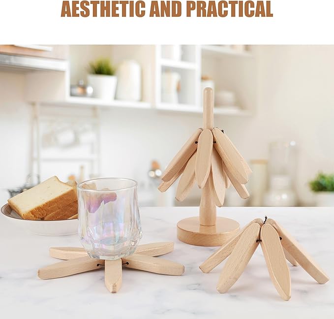 Wooden Trivets for Hot Dishes, Tree-Shaped Wooden Trivet Set, Includes 4 Trivets with Stand, Beech Wood (Walnut)