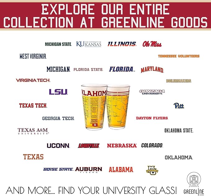 Greenline Goods – University of Oklahoma Sooners College Pint Beer Glasses (Set of 2), 16 oz – Full-Color Logo + Campus Map