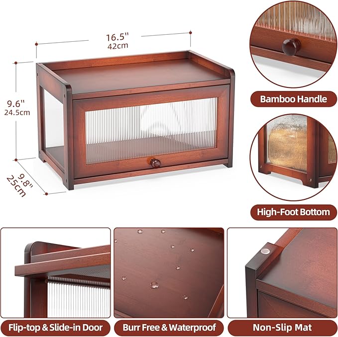 BAMBANG Bamboo Bread Box for Kitchen Countertop, Large Capacity Bread Storage Container Farmhouse Bread Box with 3 Sides Wavy & Back Clear Window, Breadbox Bin Holder for Homemade Bread, Rustic Brown