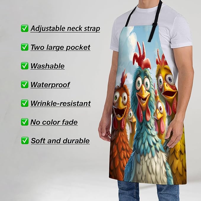 Colorful Chicken Pattern Apron for Women, 28x33in, Kitchen Chef Aprons with 2 Pockets, Polyester, Farmhouse Apron for Cooking BBQ Baking Gardening Chef, Gifts for Mom Wife Dad