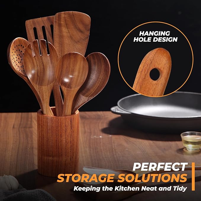 AIUHI Natural Solid Teak Wooden Cooking Utensils for Nonstick Cookware, Wooden Kitchen Utensils Set Includes Spoons, Spatulas, Strainer Spoon, Salad Fork with Holder and Spoon Rest (9PCS)