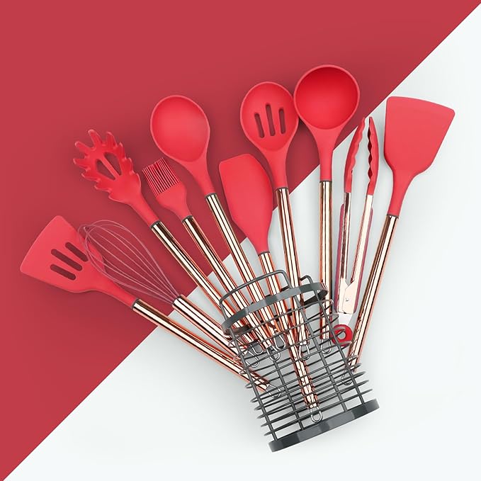 Red Kitchen Utensil Set with Holder, 22 Pcs Silicone Cooking Utensils Set for Nonstick Cookware, Heat Resistance Spatula Set, Stainless Steel Handle Kitchen Gadgets Utensils Set