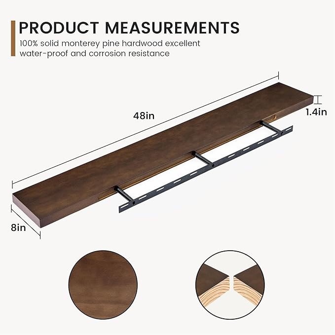 48 Inch Floating Shelf for Fireplace Mantel - 8 Inch Deep Rustic Solid Pine Wood Wall Shelf - Farmhouse Style Shelf with Heavy-Duty Metal Brackets - 48"W x 8"D - American Walnut, Set of 1