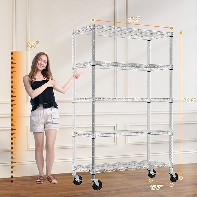 5-Tier 2200LBS Storage Shelves,Adjustable Wire Shelving for Pantry Organizers and Storage Heavy Duty Garage Shelving for Kitchen, Basement,Warehouse(Chrome,17,7Dx 47.2" W x 76.7" H)
