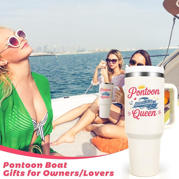 Gtmileo Pontoon Boat Gifts, Pontoon Queen Insulated Coffee Mug, Christmas Birthday Holiday Gift for Pontoon Owner Boat Lover Women (40-Oz, Beige)