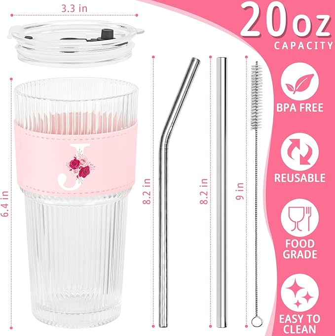 Personalized Gifts for Women,20oz Ribbed Glass Tumbler,Monogrammed Gifts for Women,Birthday Gift,Ice Coffee Mug,Christmas Gift for Mom Sister-J