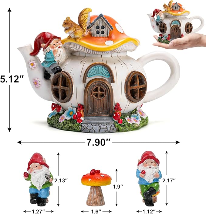 Solar Fairy Garden House Lights - Mushroom Teapot Gnome House Statue Set with 2 Mini Gnomes and 1 Mushroom Figurines, Outdoor Garden Decor, Gift for Gardeners and Moms (Set)