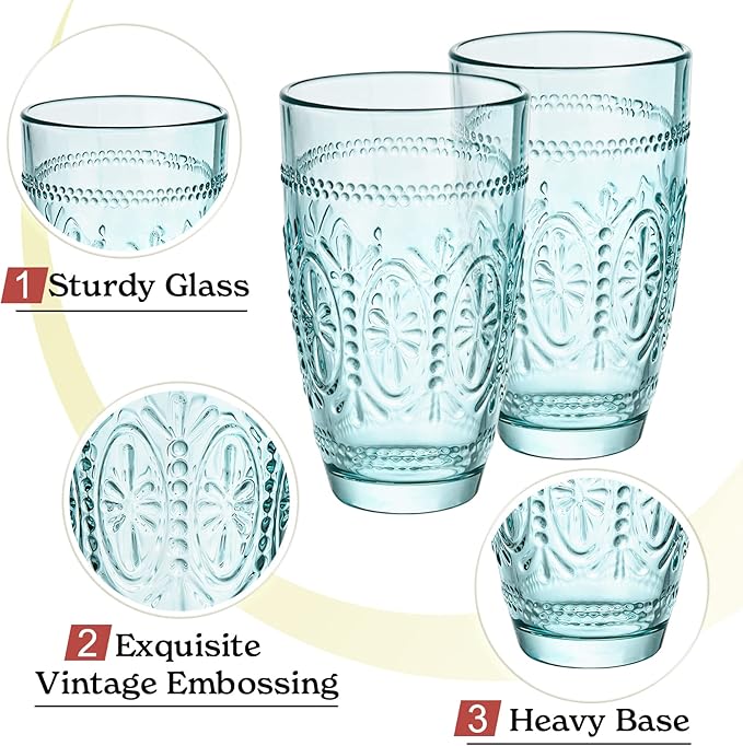 CREATIVELAND Colored Vintage Drinking Glasses Set of 4, 15.5 oz Romantic Embossed Water Glasses, Colored Tumblers Tempered Glass for Juice, Beverages, Beer, Cocktail
