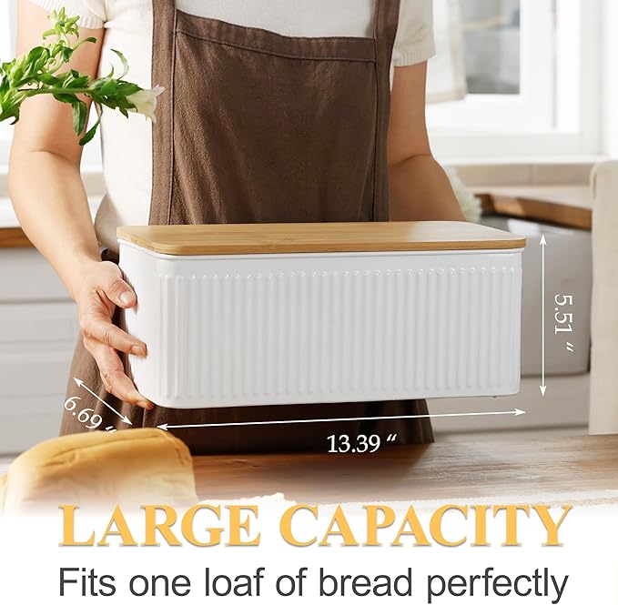 Large Bread Box for Kitchen Countertop Corner Breadbox for Homemade Bread Metal White Vertical Stripe Pattern Embossed Bread Storage Container Bin with Bamboo Lid