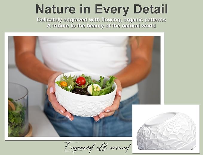 32Oz Ceramic Bowls for Kitchen with Nature-Inspired Engravings - Set of 4 - Versatile Ramen Bowl Set for Pasta, Chili, Oatmeal, Cereal, Rice, Fruit, Soup - Dishwasher, Microwave, Oven, Freezer Safe