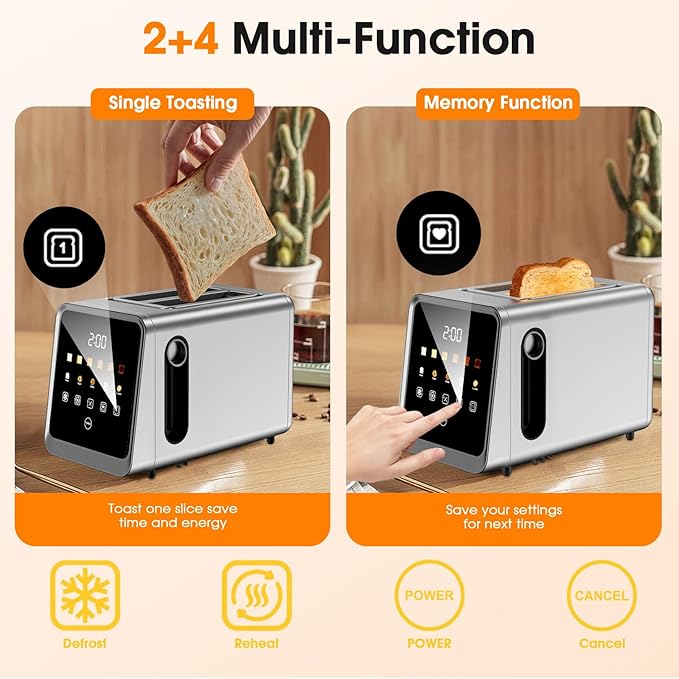 Touch Screen Toaster 2-Slice with 1.5" Wide Slots & Memory Recall | 900W Stainless Steel Smart Digital Toasters | 6 Shade Settings for Bagels & Thick Bread