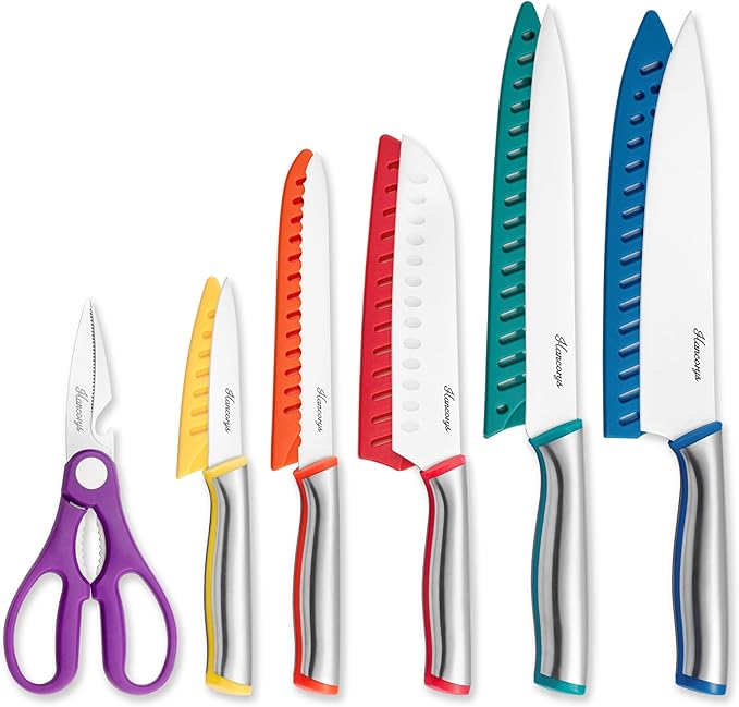 Colorful Knife Set, 11 Pieces Kitchen Knives Set in High Carbon Stainless Steel, Chef Knife Sets with 5 Blade Guards, Dishwasher Safe, Holiday Gifts for Kitchen