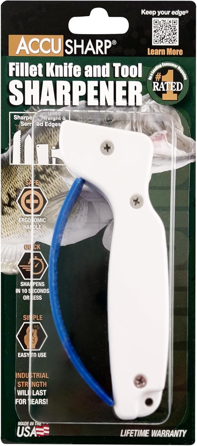 AccuSharp Knife & Tool Sharpener, Restores, Hones & Sharpens Straight & Serrated Knives, Hand-Held Tungsten Carbide Sharpening Tool, White & Blue, 1 Pack