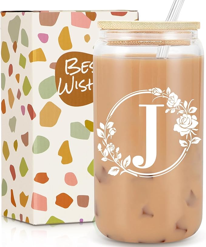 Birthday Gifts for Women, Monogrammed Initial Glass Personalized Gifts for Women, 16oz Glass Cups with Lids and Straws, Iced Coffee Cup, Beer Can Shaped Glass - Personalized Christmas Gifts J